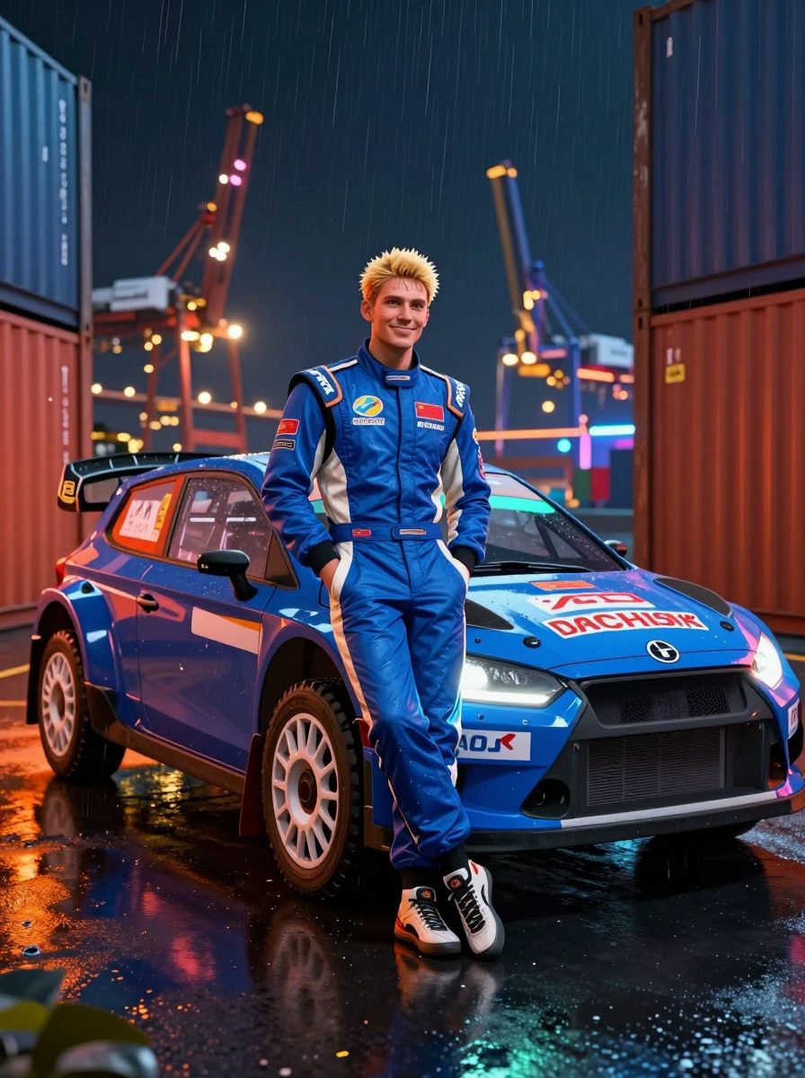 Henrik Solvang, pembalap reli jangkung berambut pirang dengan jaket balap biru, bersandar di mobil reli biru di lorong kontainer.